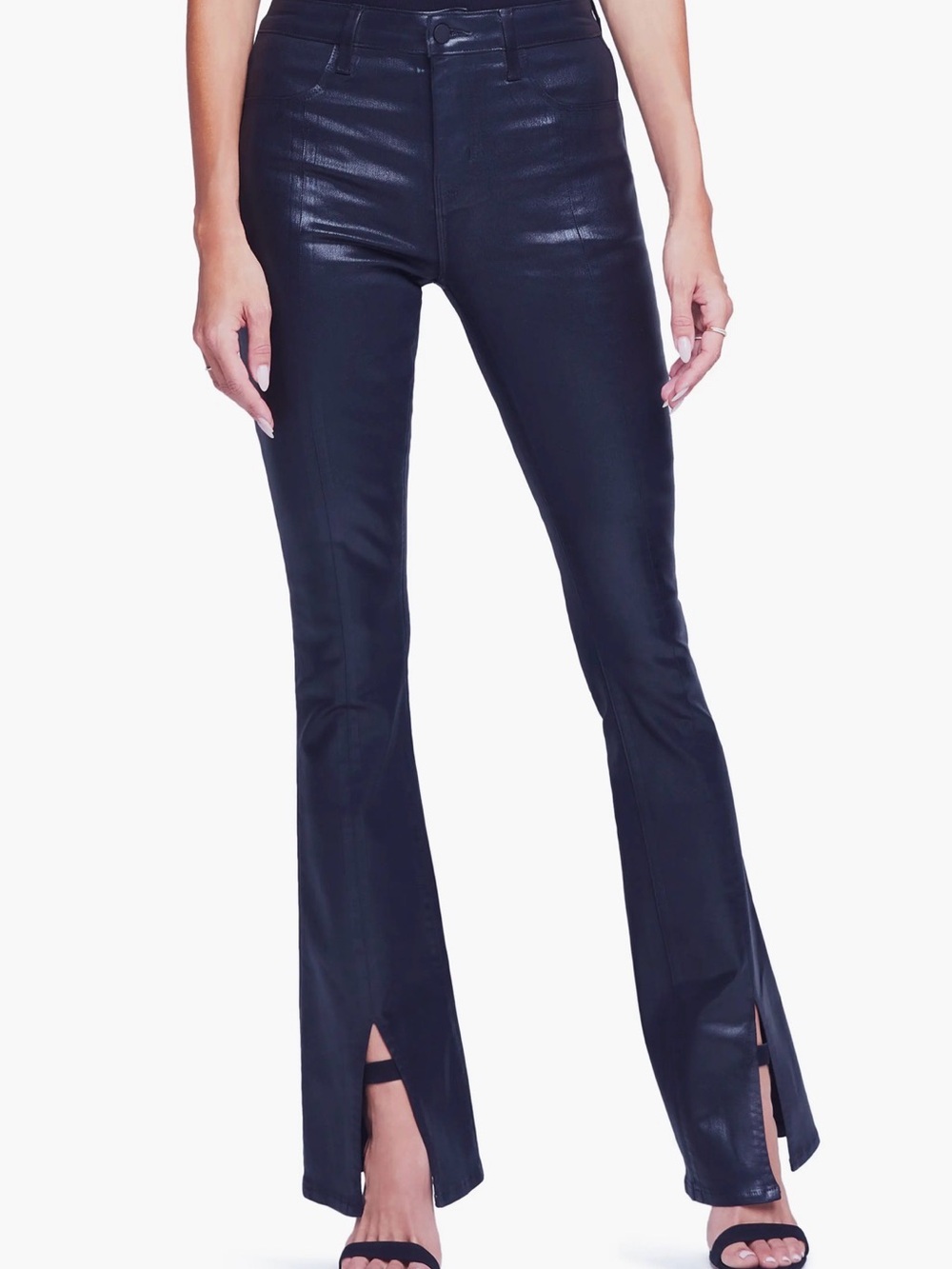 High-Rise Black Coated Flare Pants with Front Slits